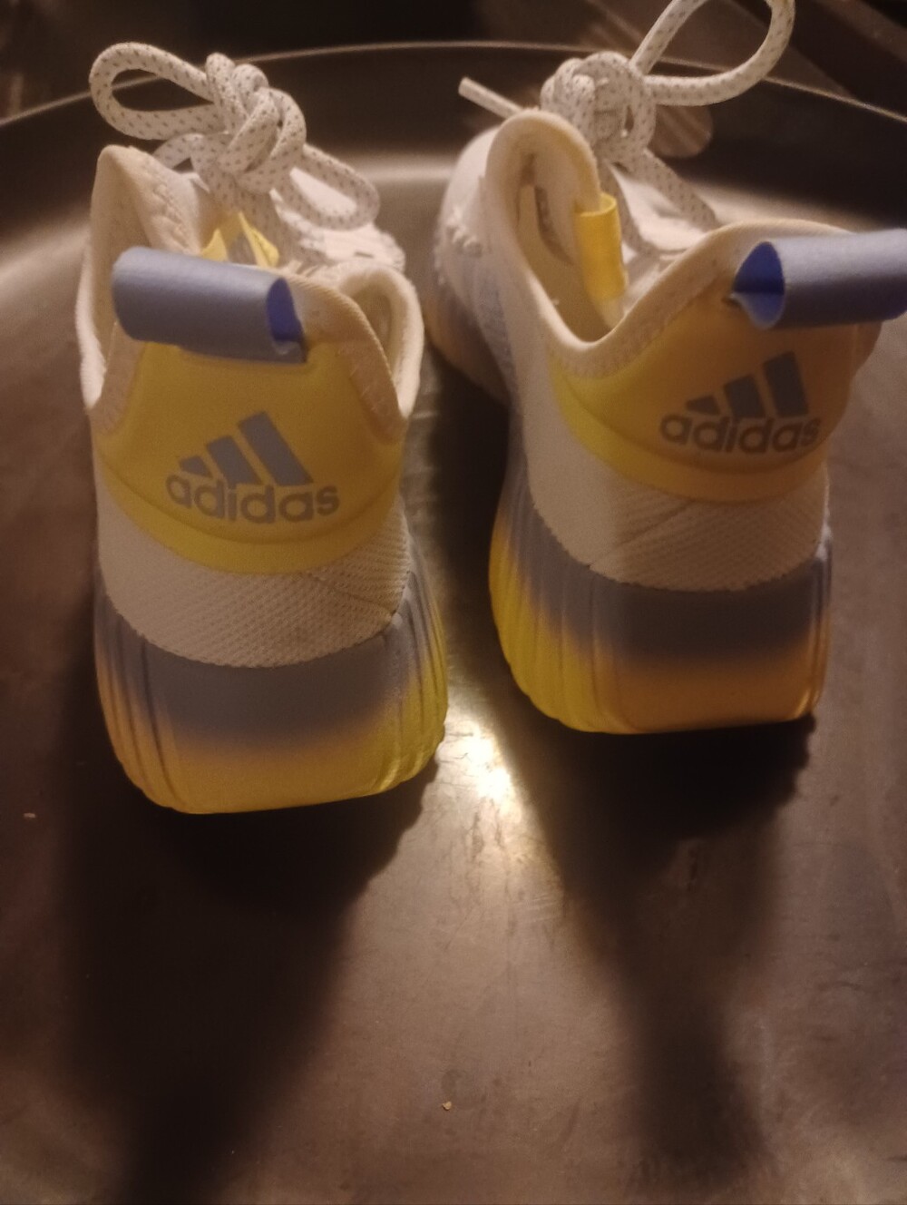 adidas Kaptir Flow White Sneakers w/ Light Blue Stripes and Yellow Gradient Sole - Picture 9 of 11